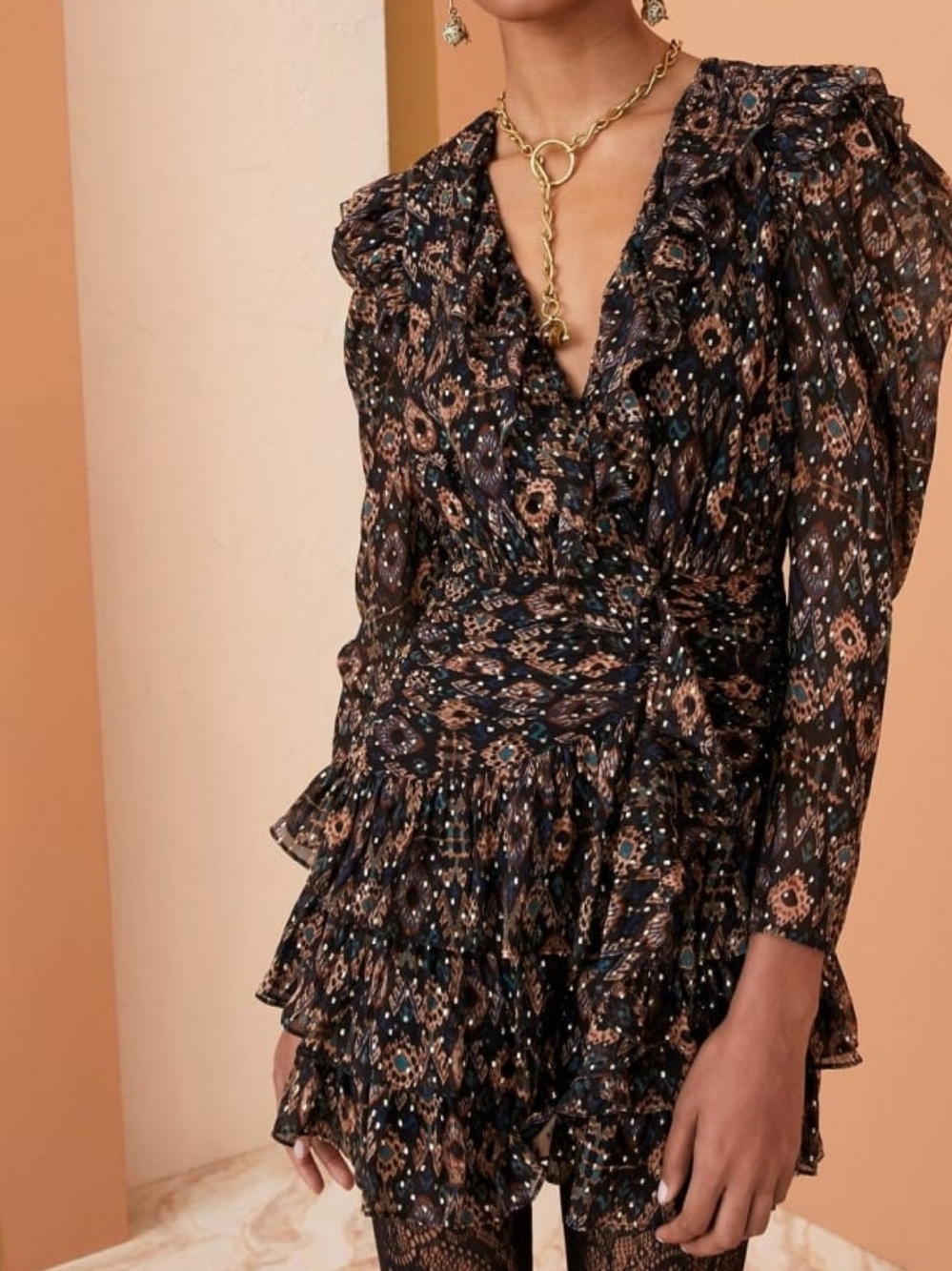 Ulla Johnson Esila Faux Wrap Silk Mini Dress Sz 12 Black Onix Folk Ikat Print